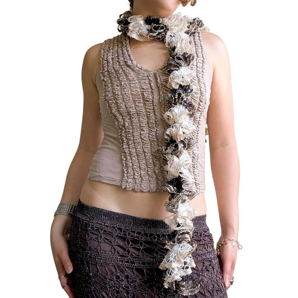 Y2K Earthy Whimsigoth Sequins Embellished Crochet Brown Skinny Ruffle Scarf